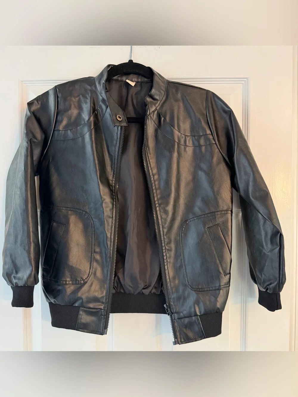 Kids Black Faux Leather Moto Bomber Jacket, Approx 10/12